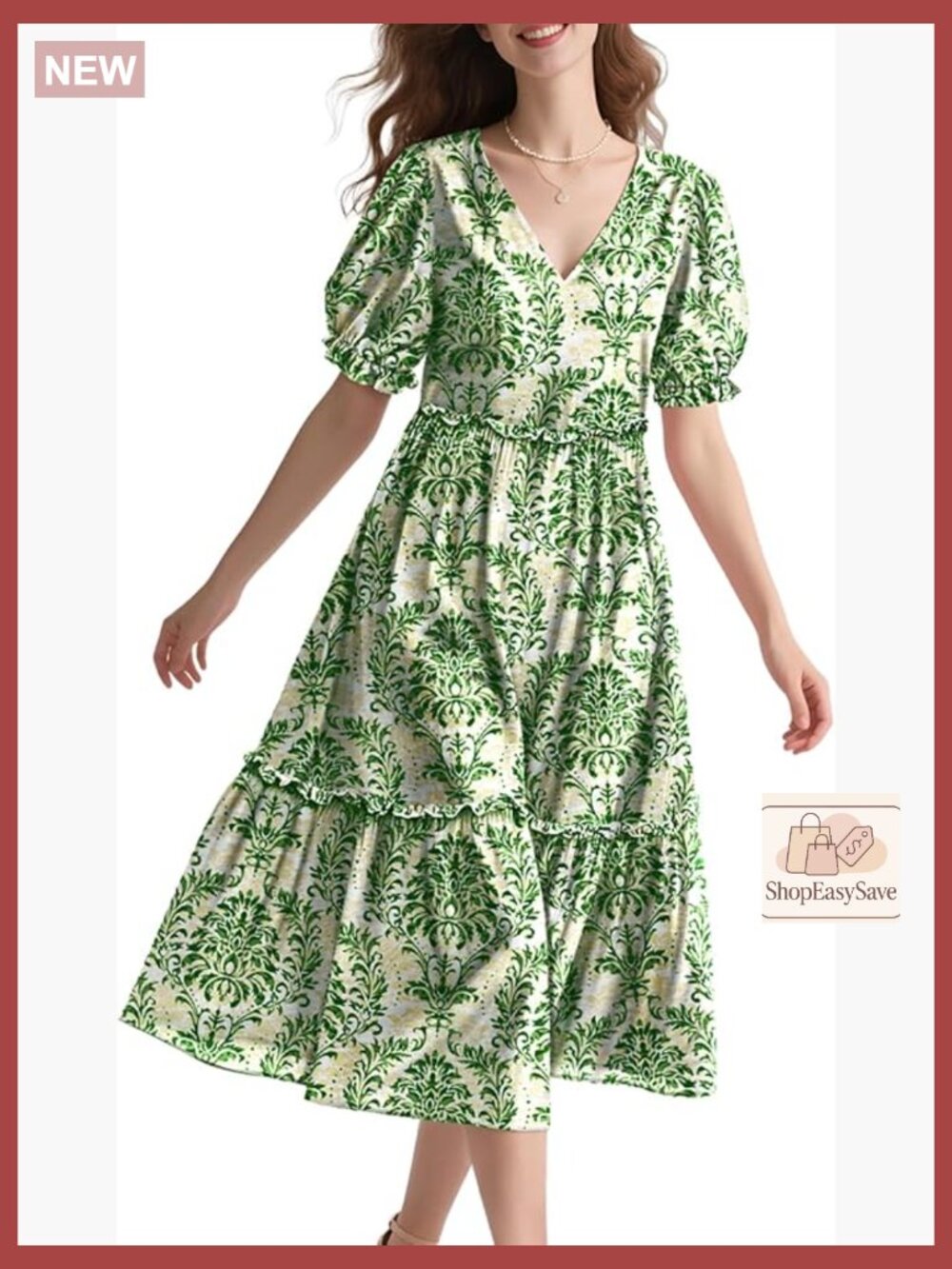 V-Neck Midi Dress Puff Sleeves Floral Print Casual Chic Summer Wear with Pockets
